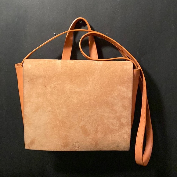 JANESSA LEONE Joan Suede & Leather Crossbody Satchel Bag in Camel Brown/Tan - Picture 2 of 12
